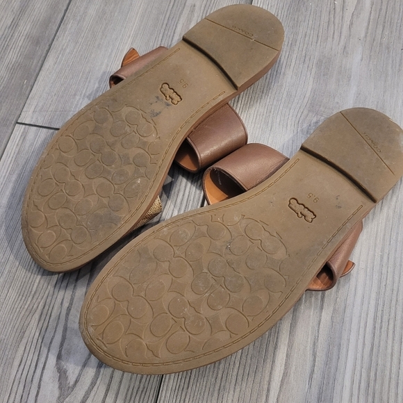Coach Brown Double-Strap Sandals Size 9.5 Gold Hardware Slip On Monogram - Picture 2 of 3